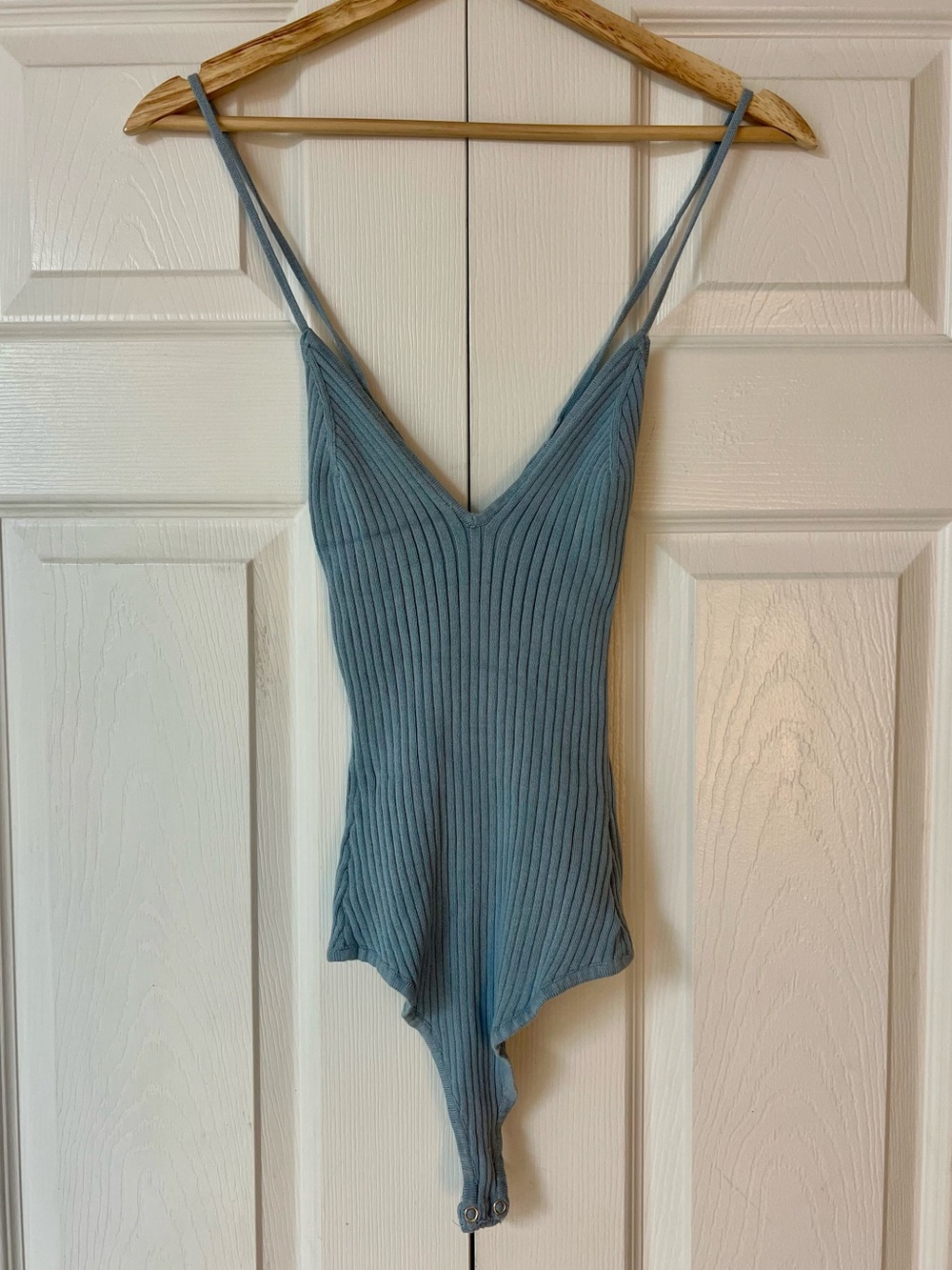Love Tree Ribbed V-Neck Strappy Bodysuit - Dusty Blue